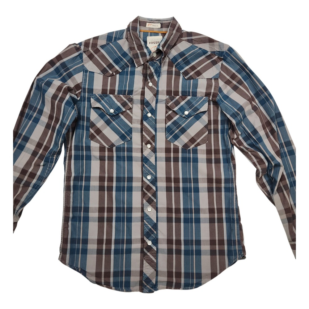Fossil Western Shirt Pearl Snap Sz S Blue Brown Plaid Vintage Fit Americana